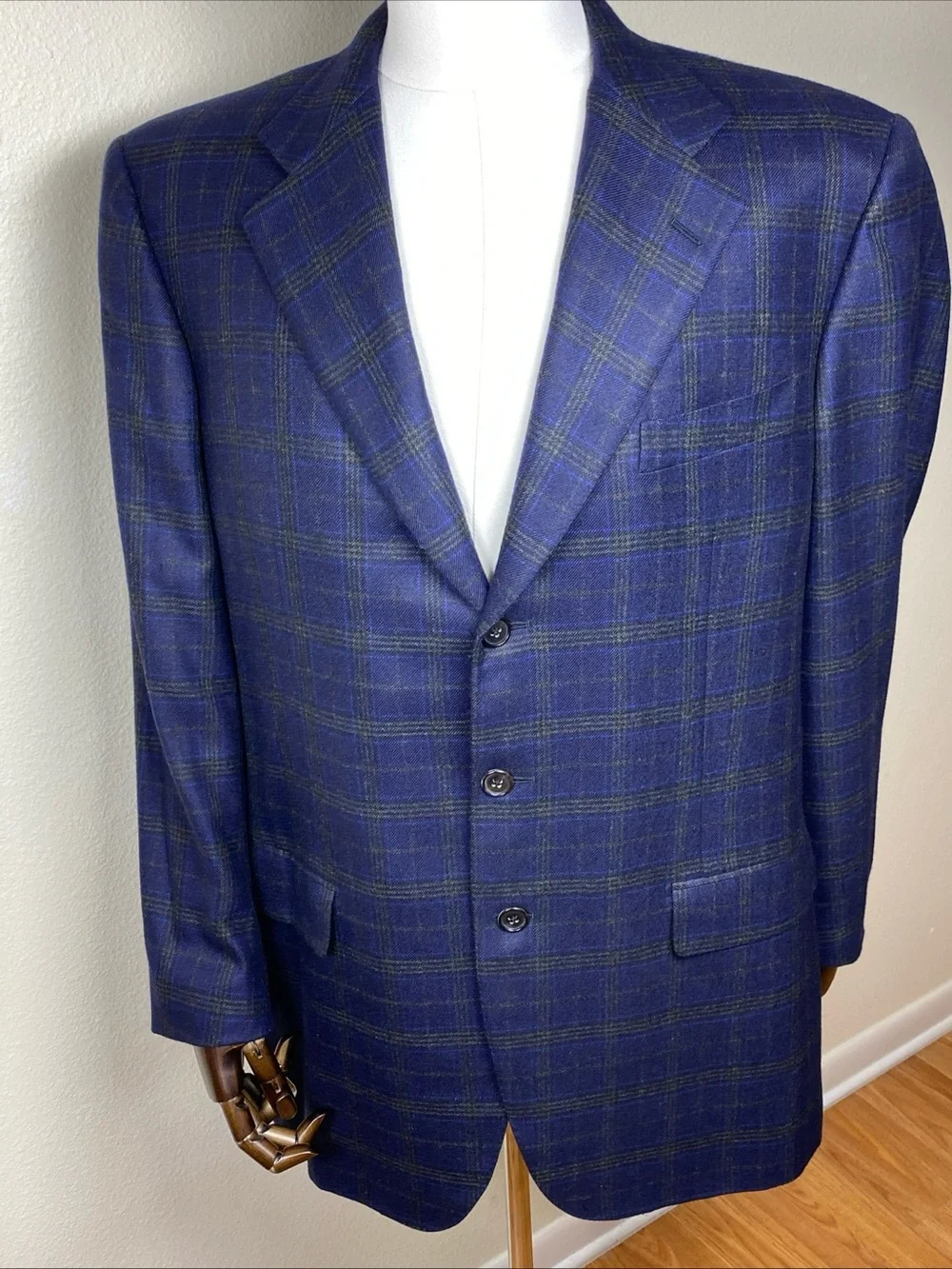 Belvest Cashmere Men’s 44L Blue Brown Windowpane Plaid Three‎ Button Made Italy